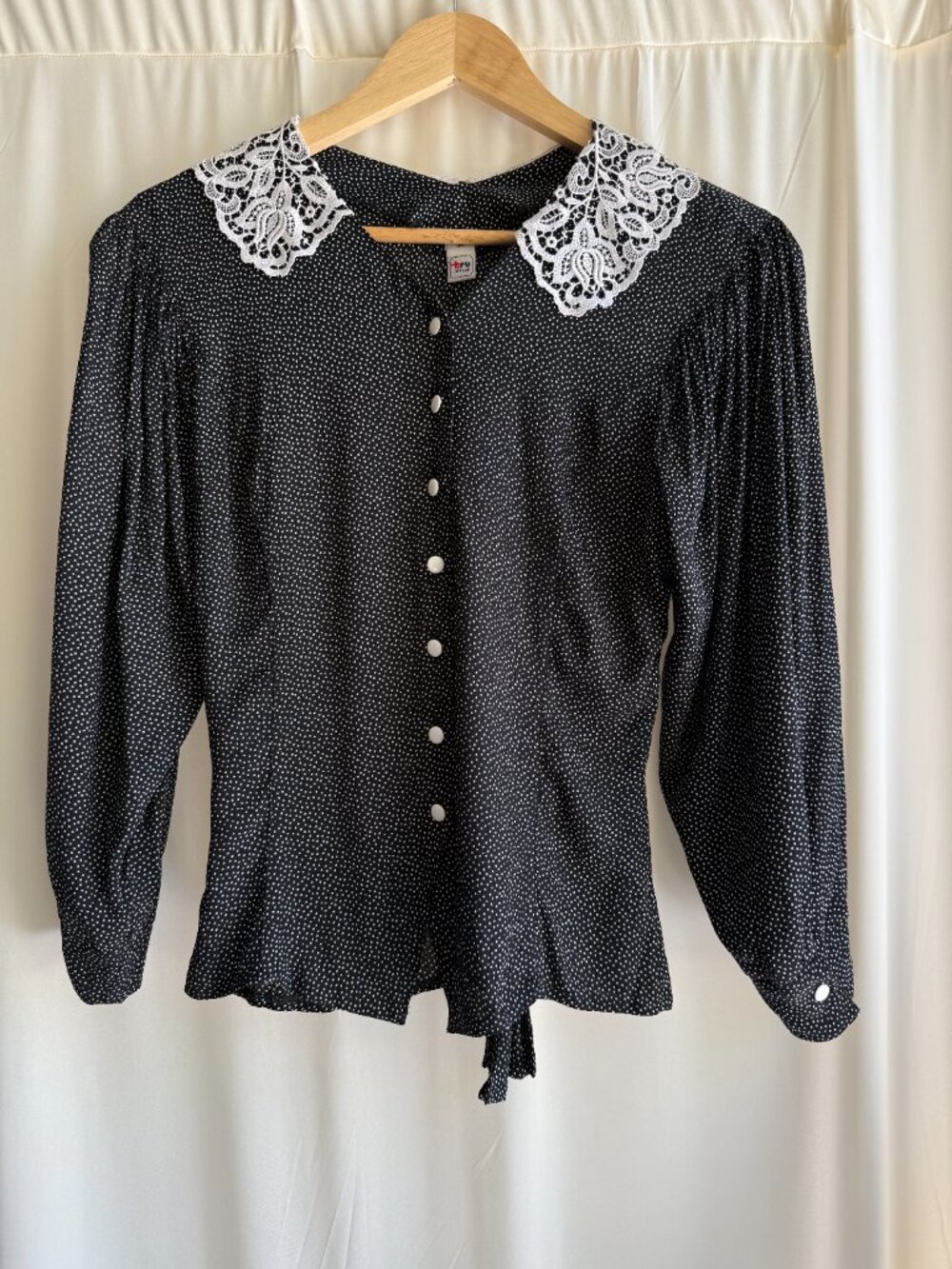 Vintage Italian Black & White Polka Dot Blouse Lace Collar Puff Sleeve Top S